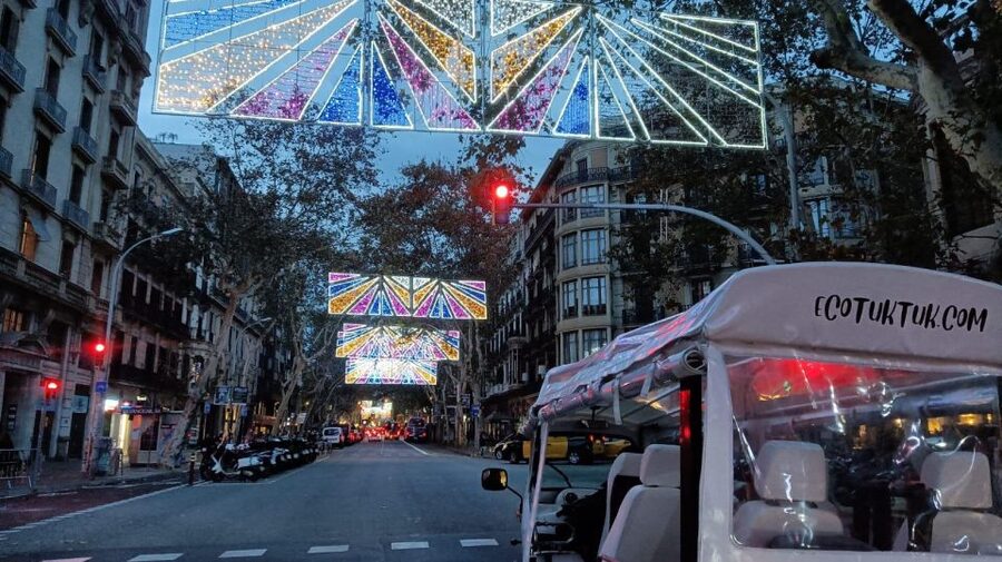 Barcelona: Private Christmas Lights Tour by Eco Tuk Tuk - Casa Batlló and Casa Milà lit up from the street