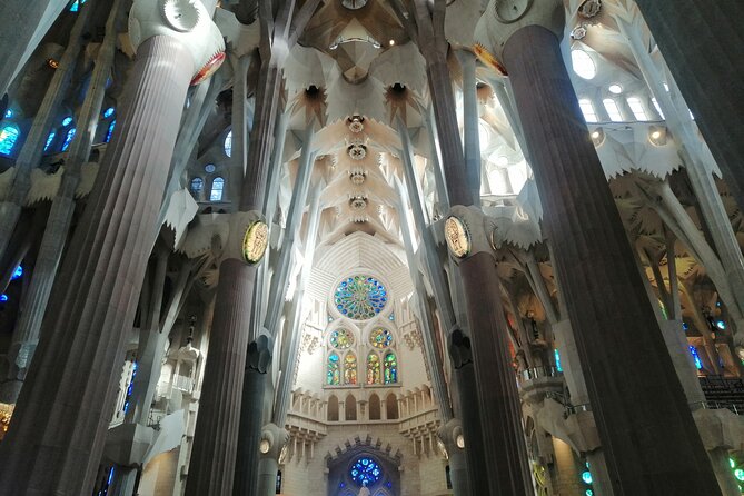 Sagrada Familia Skip The Line Guided Group Tour with Options - Inside the basilica: stained glass and the central aisle effect